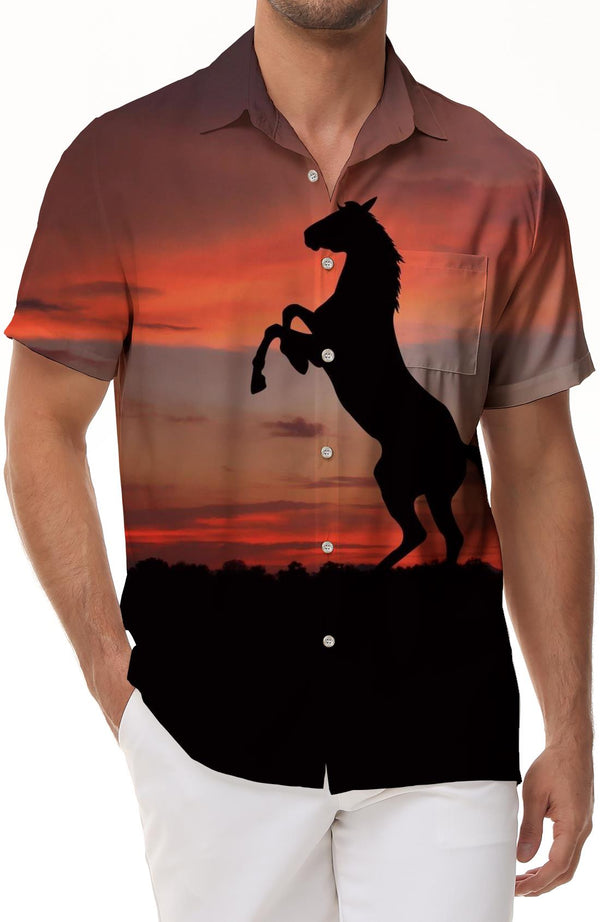 
Wild Horses in the sunset and night fashion Hawaiian button-down lapel men's casual loose short-sleeved shirt tops
                