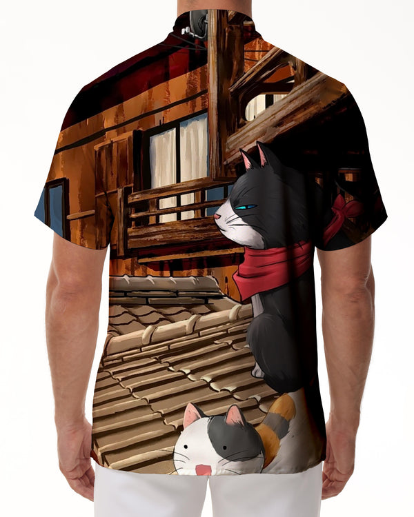 
Cartoon anime cat men's casual loose tropical Hawaiian button-down short sleeve c fun cat pattern
                