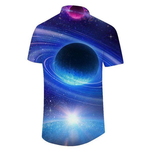 
3d outer space blue beautiful galaxy silver sea street men's casual style short printed pattern tops Hawaiian button pocket shirt men
                