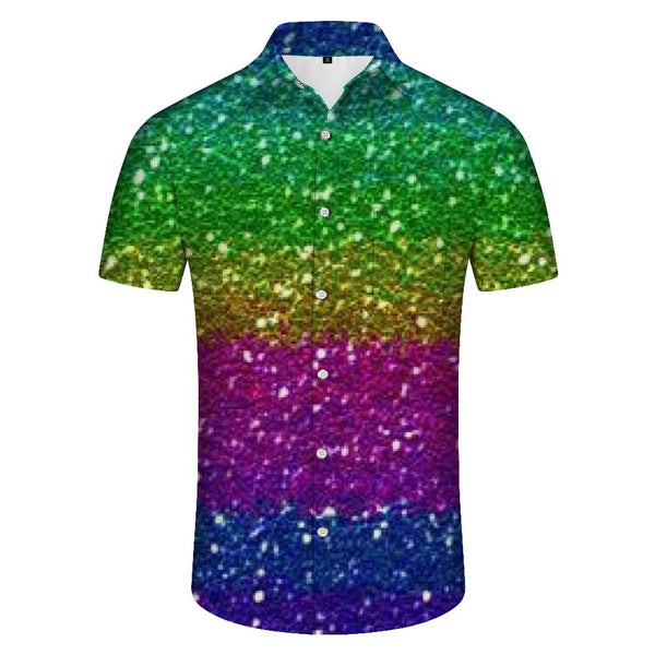 
Men's Classic Short Sleeve Printed Regular Fit Button Down Shirt with Rainbow Glitter Background
                