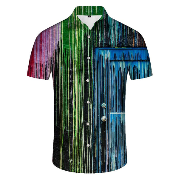 
Wall rainbow watercolor casual loose men's short-sleeved shirt Hawaiian button-down loose lapel top seaside summer trend
                