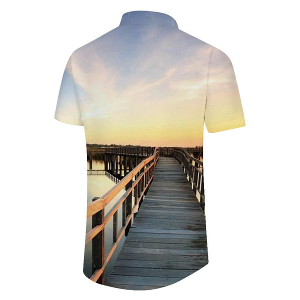 
Wooden bridge sunset romantic date 3d printed pattern men's daily street loose tropical fashion comfortable breathable trendy Hawaiian shirt
                