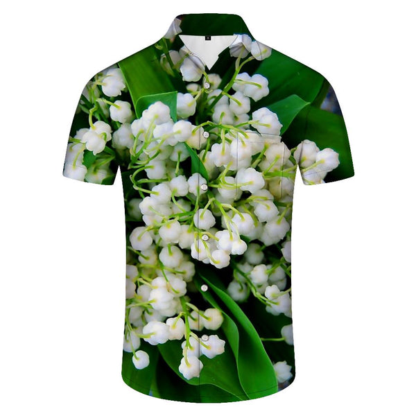 
Lily of the valley green leaves men's casual loose shirt summer short sleeve Hawaii four seasons tropical button lapel pocket beach clothes
                