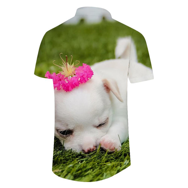 
White Chihuahua Face Fashion Trendy Simple Cute Animal Short Sleeve Shirt Men's Summer Casual Hawaiian Button Lapel Shirt
                