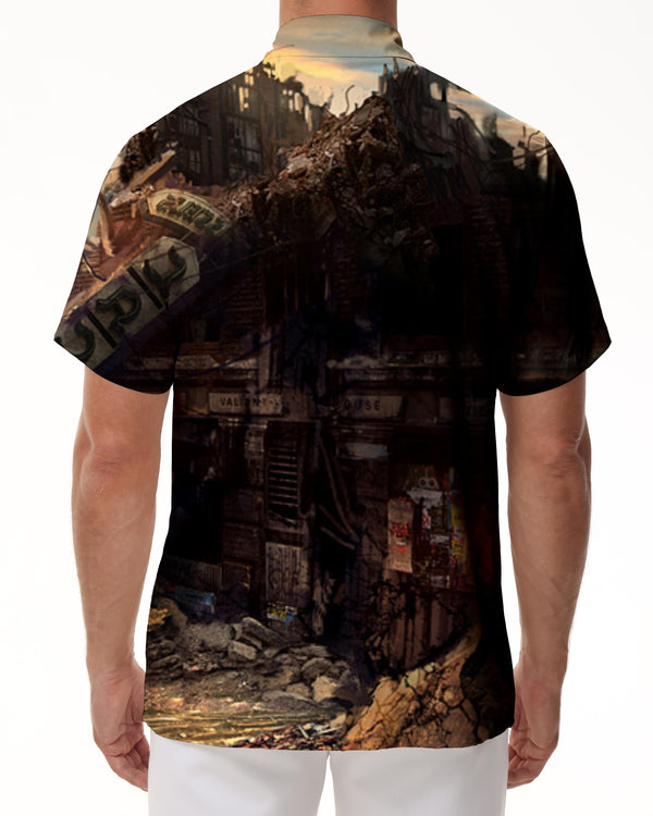 
War destroyed house tropical summer short sleeve shirt Hawaiian button down lapel men's casual short sleeve pocket
                