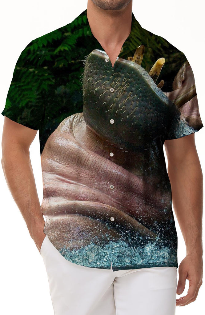 Water Cartoon Hippo Retro Men's Collar Short Sleeve Shirt Casual Button Shirt Holiday Beach Shirt Beach Clothing