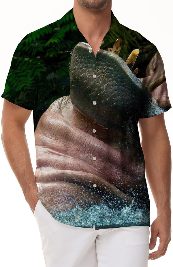 Water Cartoon Hippo Retro Men's Collar Short Sleeve Shirt Casual Button Shirt Holiday Beach Shirt Beach Clothing