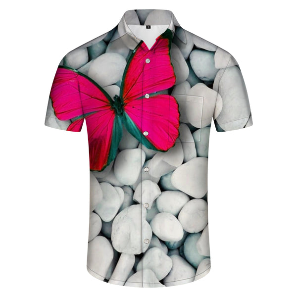 
Psychedelic Pink Butterfly and Gray Stone Men's Short Sleeve Shirt Casual Button Short Sleeve Top Comfortable Breathable Summer Clothing Tops
                