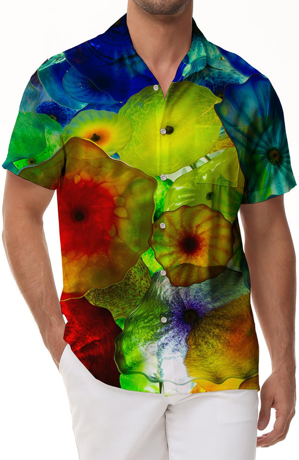 Plastic lotus leaf rainbow flower print men's Hawaiian shirt button down casual wear for summer beach tropical vacation