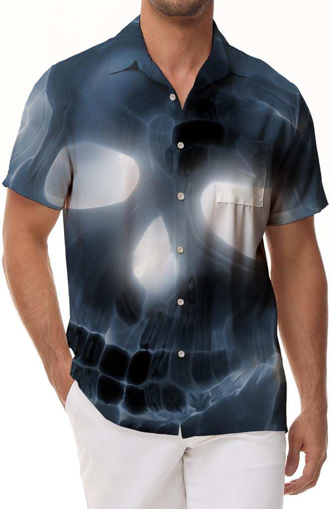Horror dark skull face print short-sleeved Hawaiian shirt fashionable beach seaside casual short-sleeved shirt loose