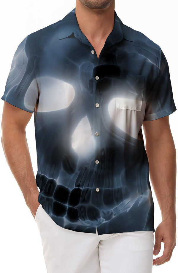 Horror dark skull face print short-sleeved Hawaiian shirt fashionable beach seaside casual short-sleeved shirt loose