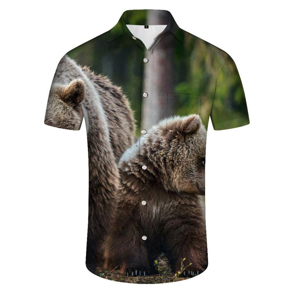 
Brown bear in the forest Men's button down shirt Short sleeve breathable shirt with pockets
                