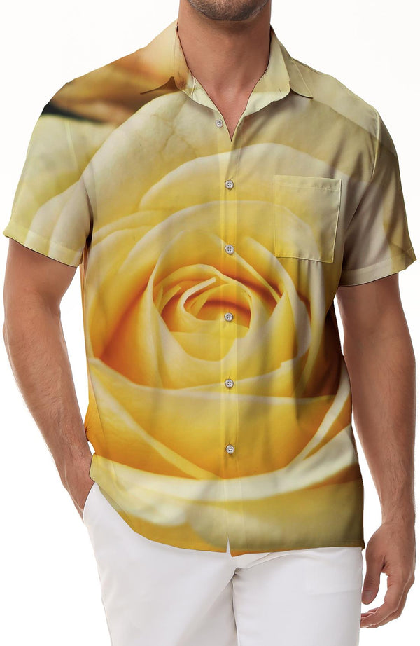 Precious Friendship Yellow Rose Print Vintage Collar Short Sleeve Shirt Perfect Beach and Casual Wear for Men