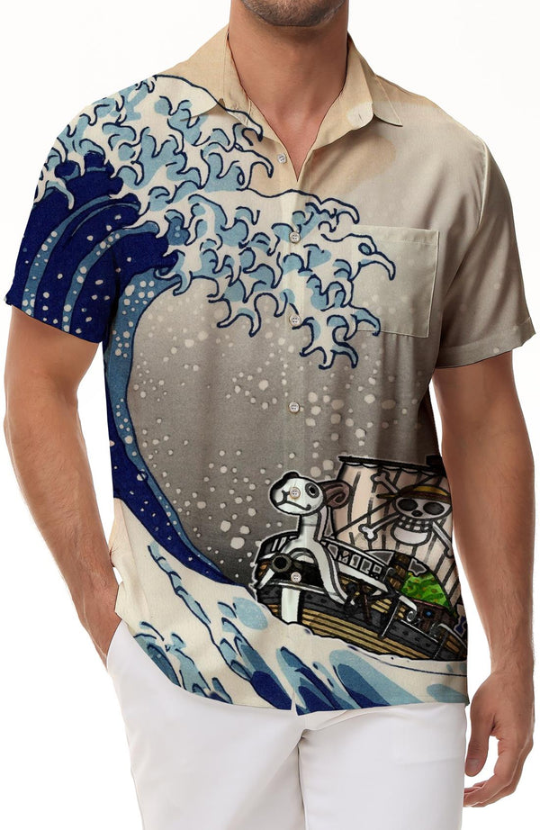 Cartoon Pirate Ship Summer Outdoor Street Men's Shirt Short Sleeve Hawaiian Button Beach Shirt 3D Printed Pattern