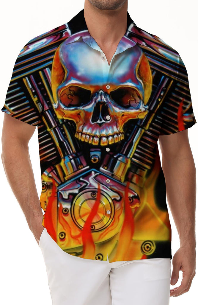 Casual new men's Hawaiian button shirt hip hop hell flame skull short sleeve shirt clothing