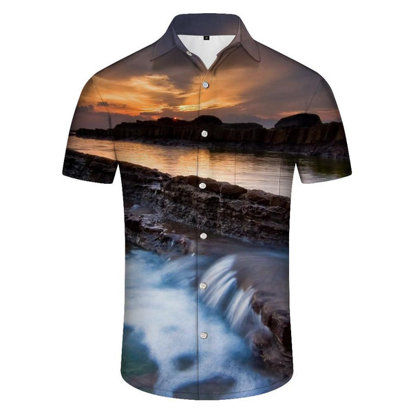 
Sunset seaside landscape pattern stylish Hawaiian casual button-down lapel shirt button short sleeve top
                