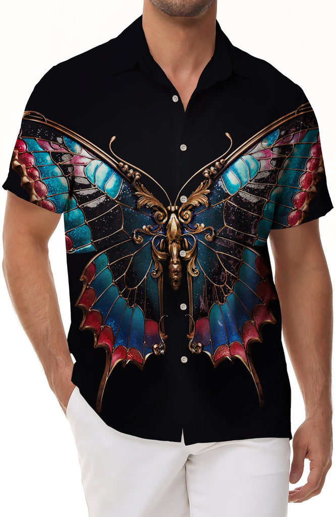 Black fantasy and elegant butterfly brooch street shirt men's fun and slightly elastic daily travel tops Hawaiian shirts