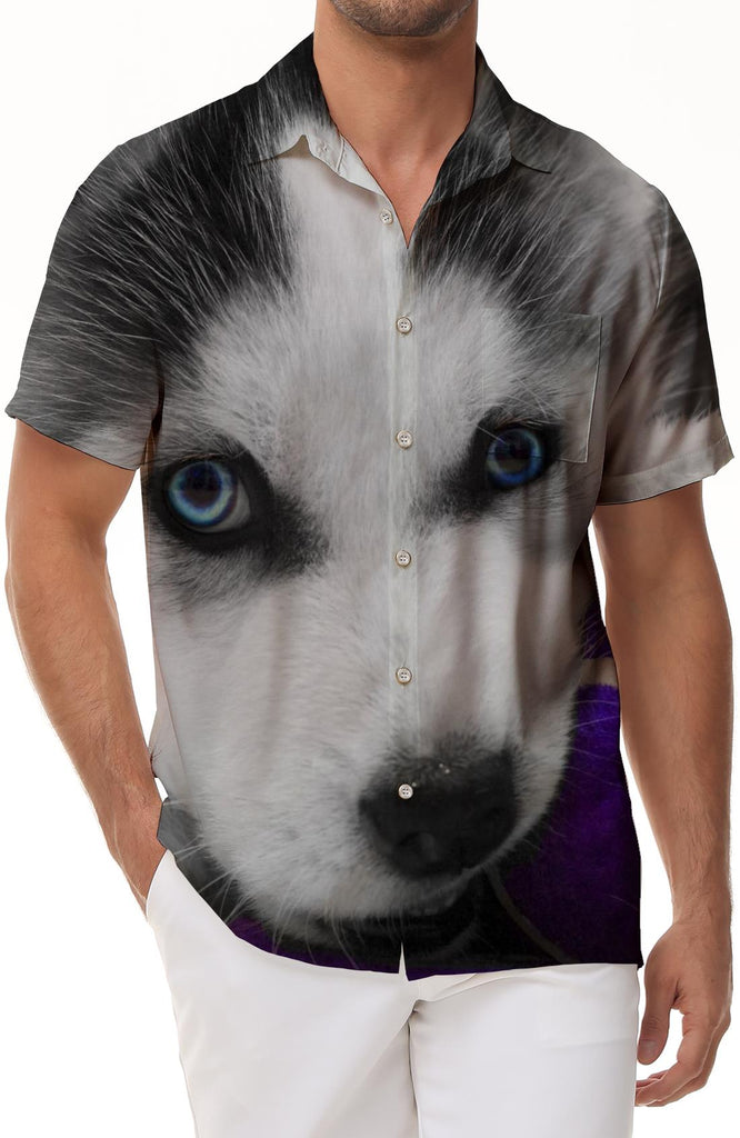 Cool and fashionable animal husky cub 3d digital printing pattern men's casual loose vacation seaside short-sleeved shirt beach party