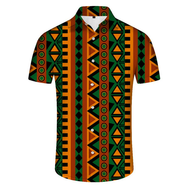 
African style printed men's casual loose Hawaiian button-down lapel short-sleeved shirt for vacation at the beach
                