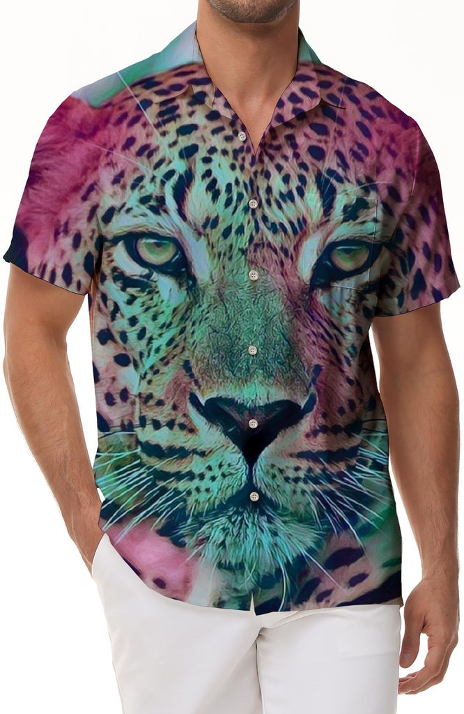 Tie-Dye Leopard Print Men's Casual Short Sleeve Shirt Short Sleeve Regular Style Summer Button Casual Top