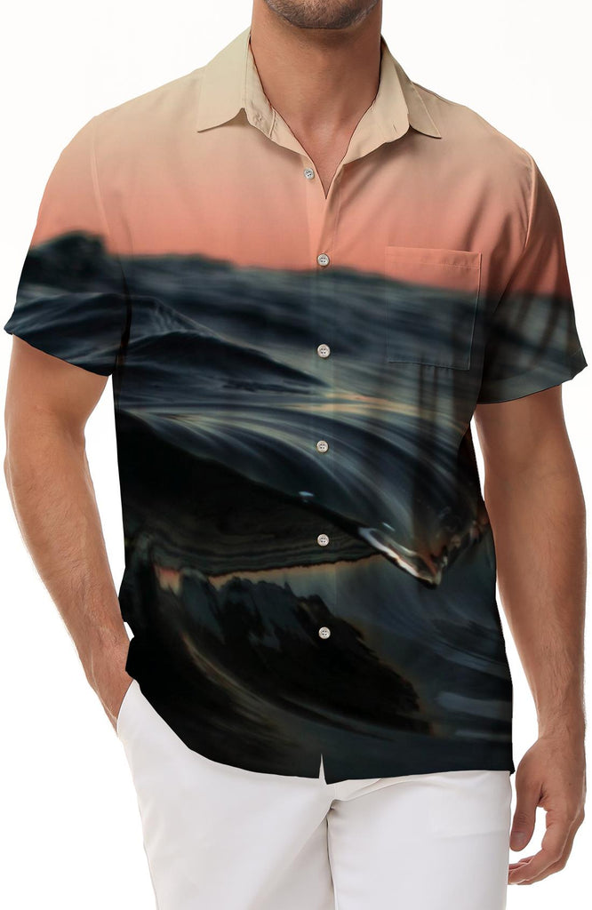 Ocean Wave Men's Polyester Shirt Men's Short Sleeve Shirt Button Casual Shirt Loose Vacation Top