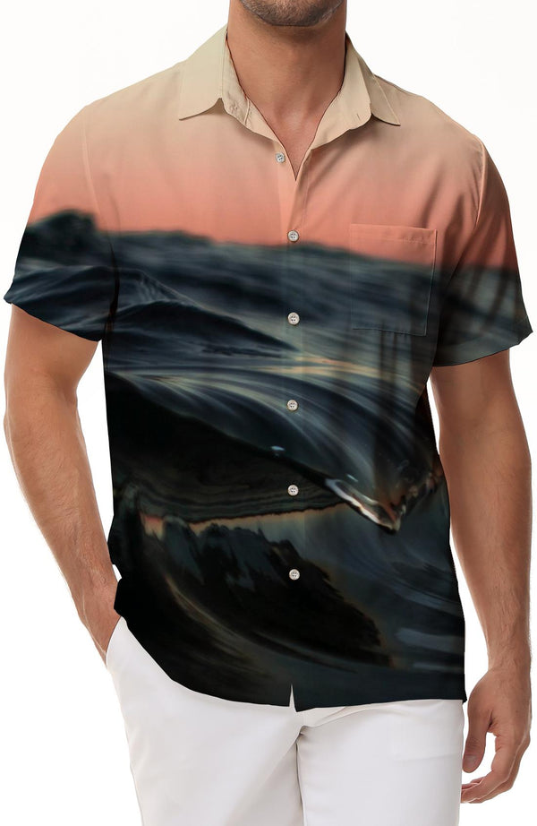 Ocean Wave Men's Polyester Shirt Men's Short Sleeve Shirt Button Casual Shirt Loose Vacation Top