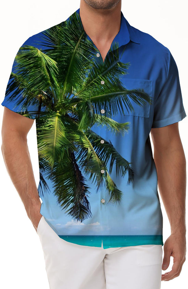 Green coconut tree beach play shirt 3D digital flower print button short sleeve shirt fashionable loose Hawaiian style men's casual tops