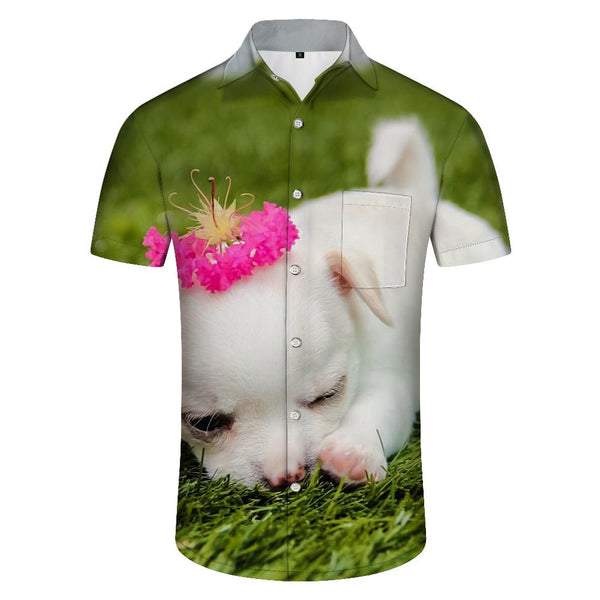 
White Chihuahua Face Fashion Trendy Simple Cute Animal Short Sleeve Shirt Men's Summer Casual Hawaiian Button Lapel Shirt
                