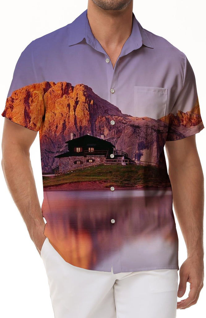 Men's Hawaiian style shirt Dolomites mountain print short sleeve button down summer beach shirt casual short sleeve