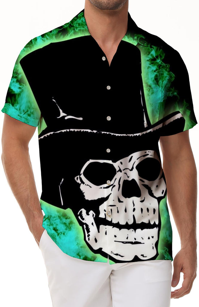 Men's Casual Short Sleeve Green Skull Shirt Print Clothes Loose Lapel Summer Tops