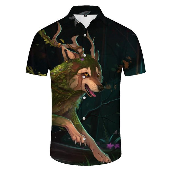 
Disguised cunning wolf retro print Hawaiian style fashion beach tops men's button lapel casual suitable for summer beach seaside play
                