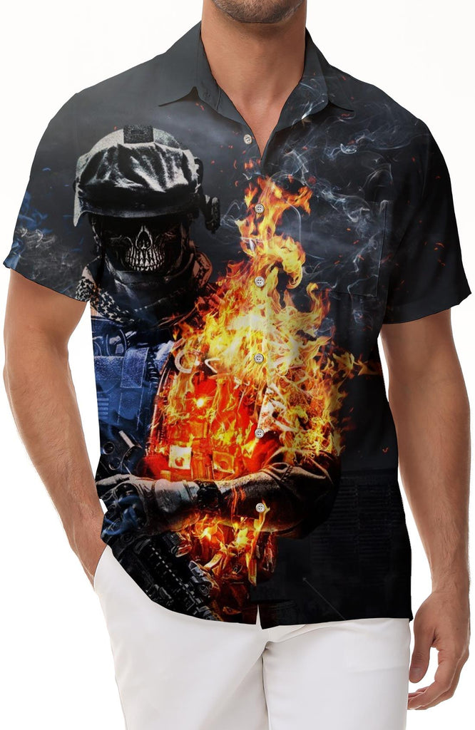 Hell flame skull man 3d print pattern casual men's style shirt Hawaiian four seasons top holiday style