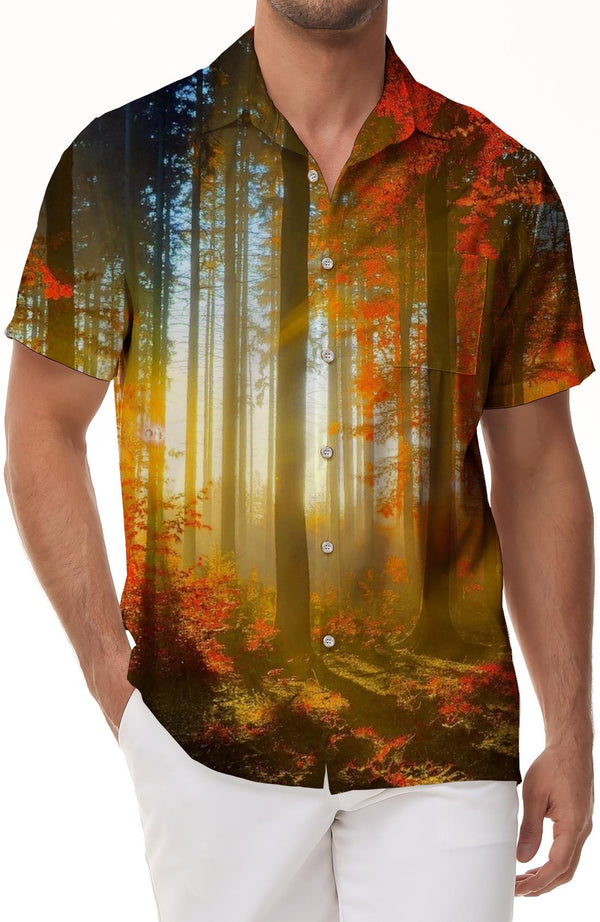 Autumn Red Maple Leaf Men's Casual Polyester Shirt Men's Short Sleeve Shirt Button Shirt Loose Tops Vacation