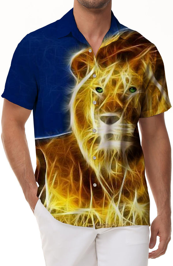 Summer clothing men's short-sleeved clothes lion yellow blue cute shirt button short-sleeved top interesting breathable light summer clothes daily