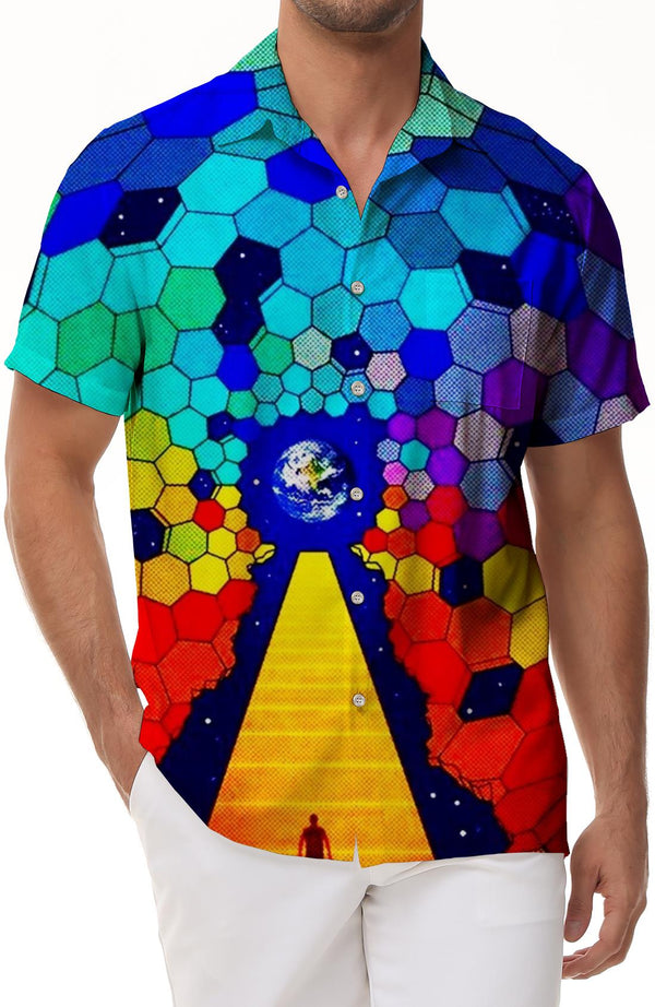Abstract personalized geometric fantasy space men's Hawaiian shirt colored glass summer short-sleeved shirt button casual beach