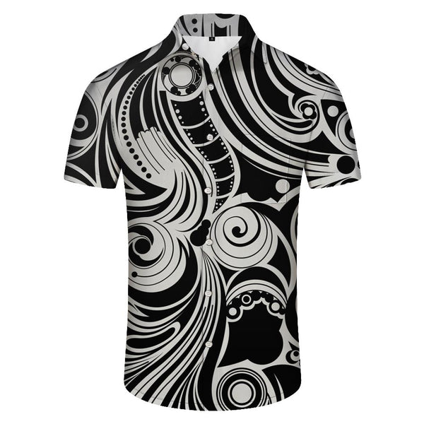 
Men's black and white casual vacation seaside beach Hawaii tropical summer button-down short-sleeved shirt pocket lapel top
                