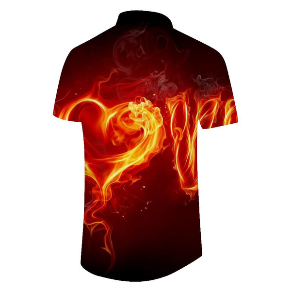 
Fun English Letter Print Flame Pattern Hawaiian Button Lapel Short Sleeve Shirt Men's Beach Style
                