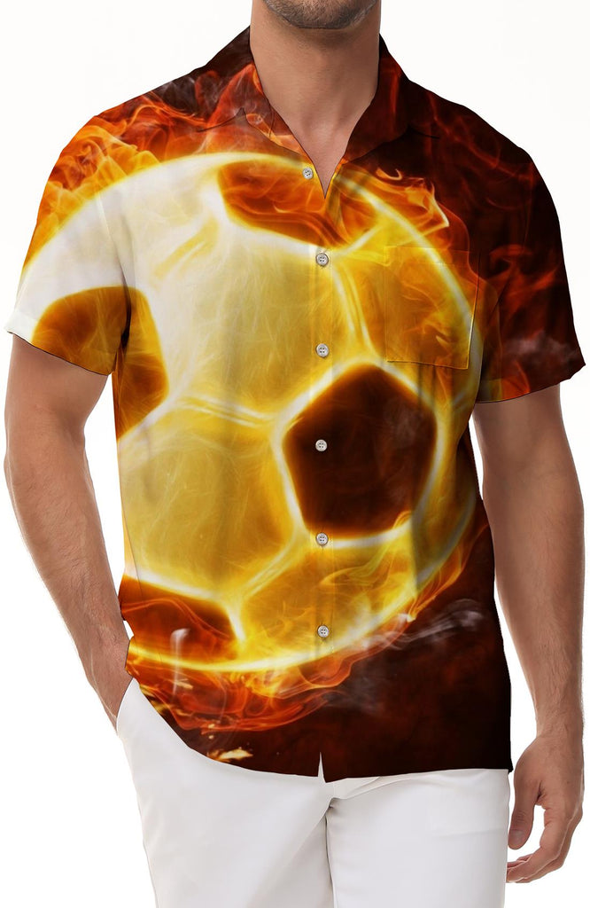 Football burning football sports flame short sleeve shirt men's casual Hawaiian casual button down short sleeve shirt pattern button down