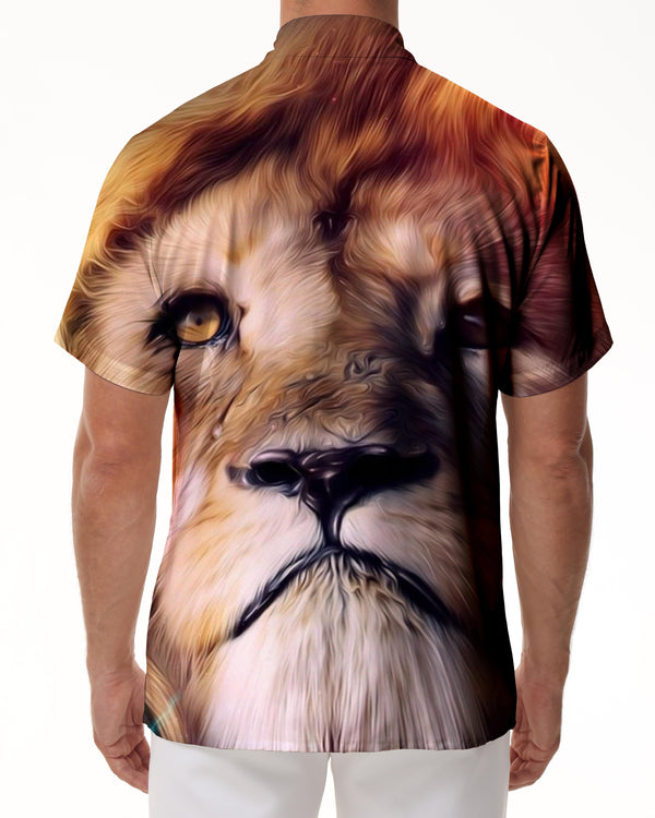 
Fluffy Cute Lion Print Button Shirt Men's Casual Short Sleeve Hawaiian Beach Shirt Tops
                