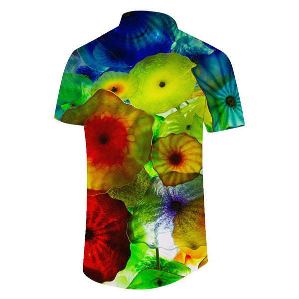 
Plastic lotus leaf rainbow flower print men's Hawaiian shirt button down casual wear for summer beach tropical vacation
                