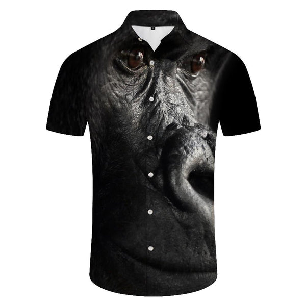 
Upright walking animal orangutan tropical men travel galaxy Hawaiian button lapel pocket ocean beach short sleeve shirt polyester
                