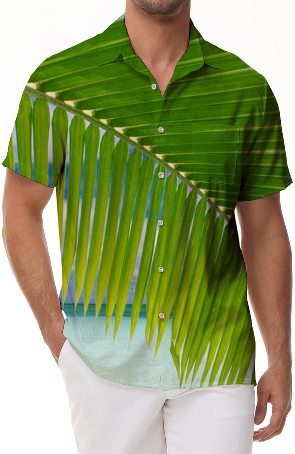 Seaside Palm Leaves Mens Hawaiian Shirt Summer Beach Tropical Short Sleeve Button Shirt Green