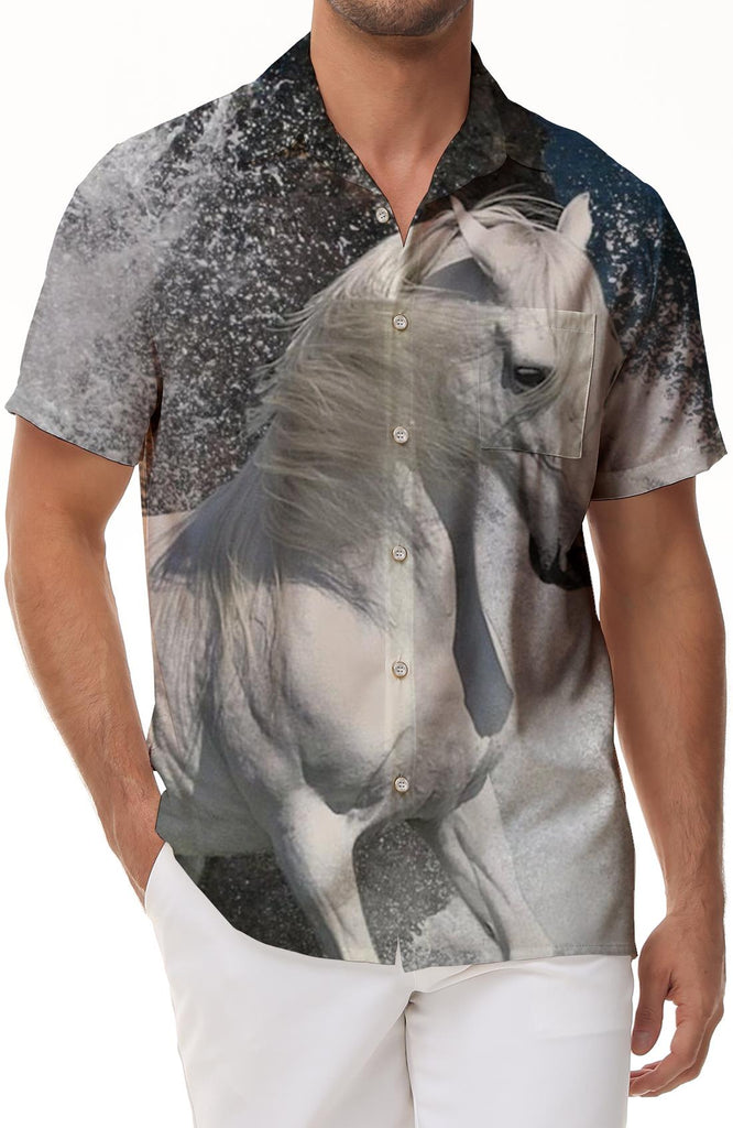 Pentium White Dragon Horse Men's Casual Loose Tropical Style Button Lapel Pocket Street Casual Short Sleeve Seaside Fun Top