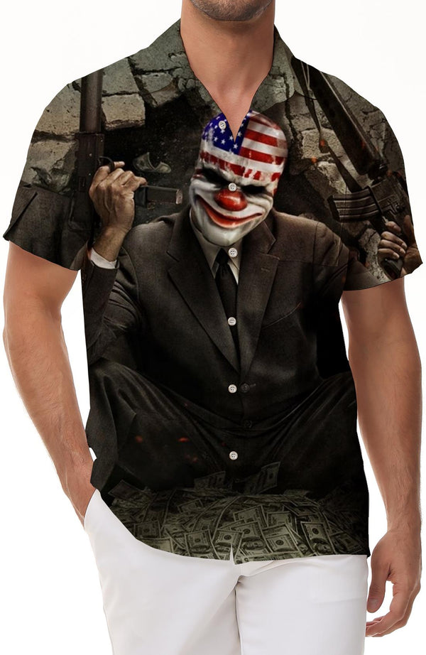 American clown city machine gun war 3d digital printing fashion Hawaiian short sleeve button men's short sleeve casual short sleeve shirt clothing