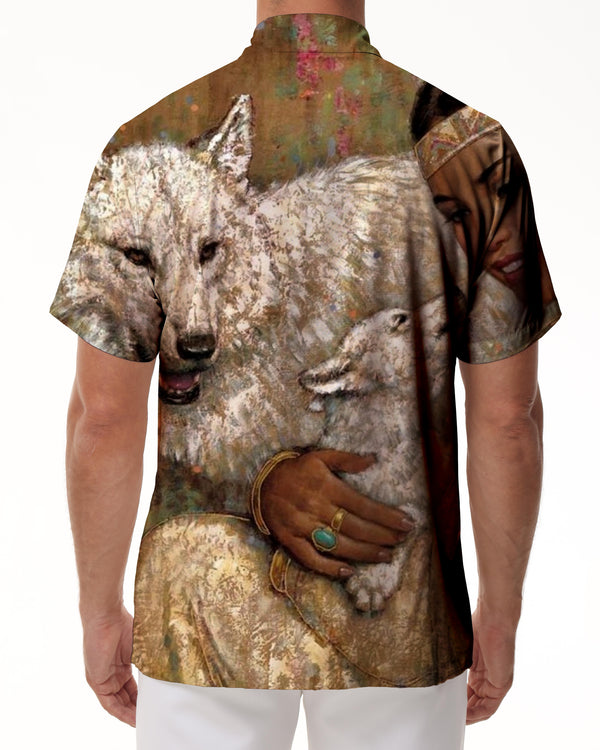 
Desert SunsetMoon Wolf Men's Button Shirt Short Sleeve Lapel Shirt Summer Loose Sports Top
                