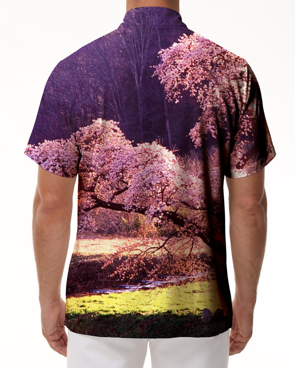 
Summer Fashion Cherry Blossom Print Short Sleeve Shirt Men Casual Streetwear Tops Button Lapel Pockets Stylish
                