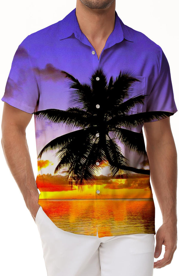 Mens Tropical Button Down Short Sleeve Funny Hawaiian Shirt Lapel Hawaii Palm Tree Beach Party Summer Short Sleeve Shirt Casual