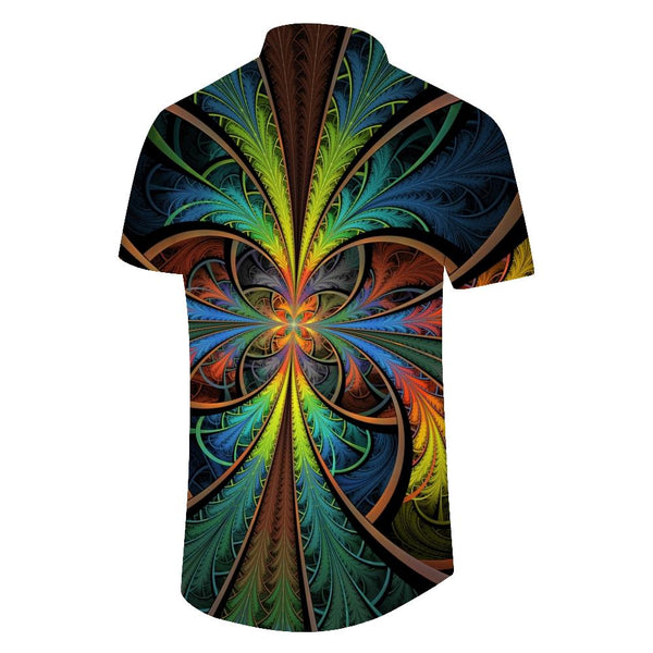 
Abstract fantasy geometric pattern painting casual men's mysterious totem short-sleeved shirt psychedelic color 3D printing button shirt tie-dye
                