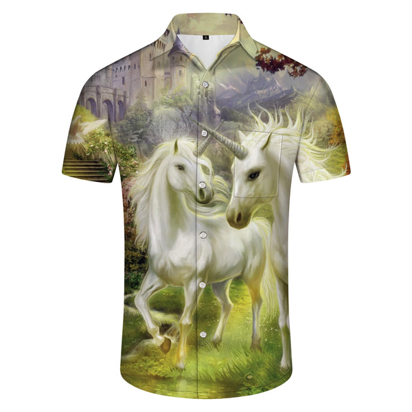 
Castle Summer Double White Unicorn Men's Casual Short Sleeve Shirt Pocket Button Shirt Travel Top
                