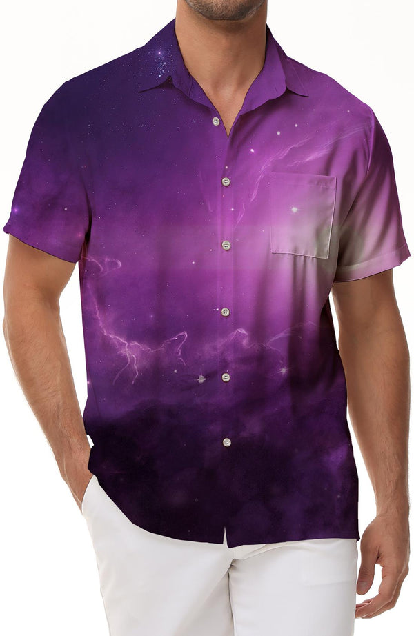 Purple Galaxy Men's Hawaiian Shirt Universe Galaxy Planet Summer Short Sleeve Button Shirt Star Space